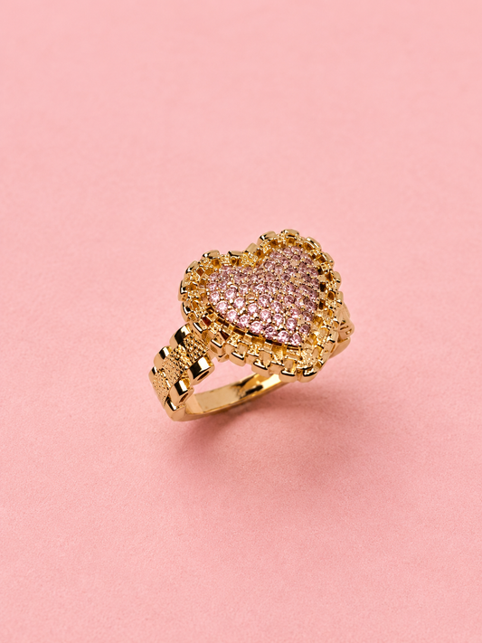 heart shaped rolex ring with pink stones